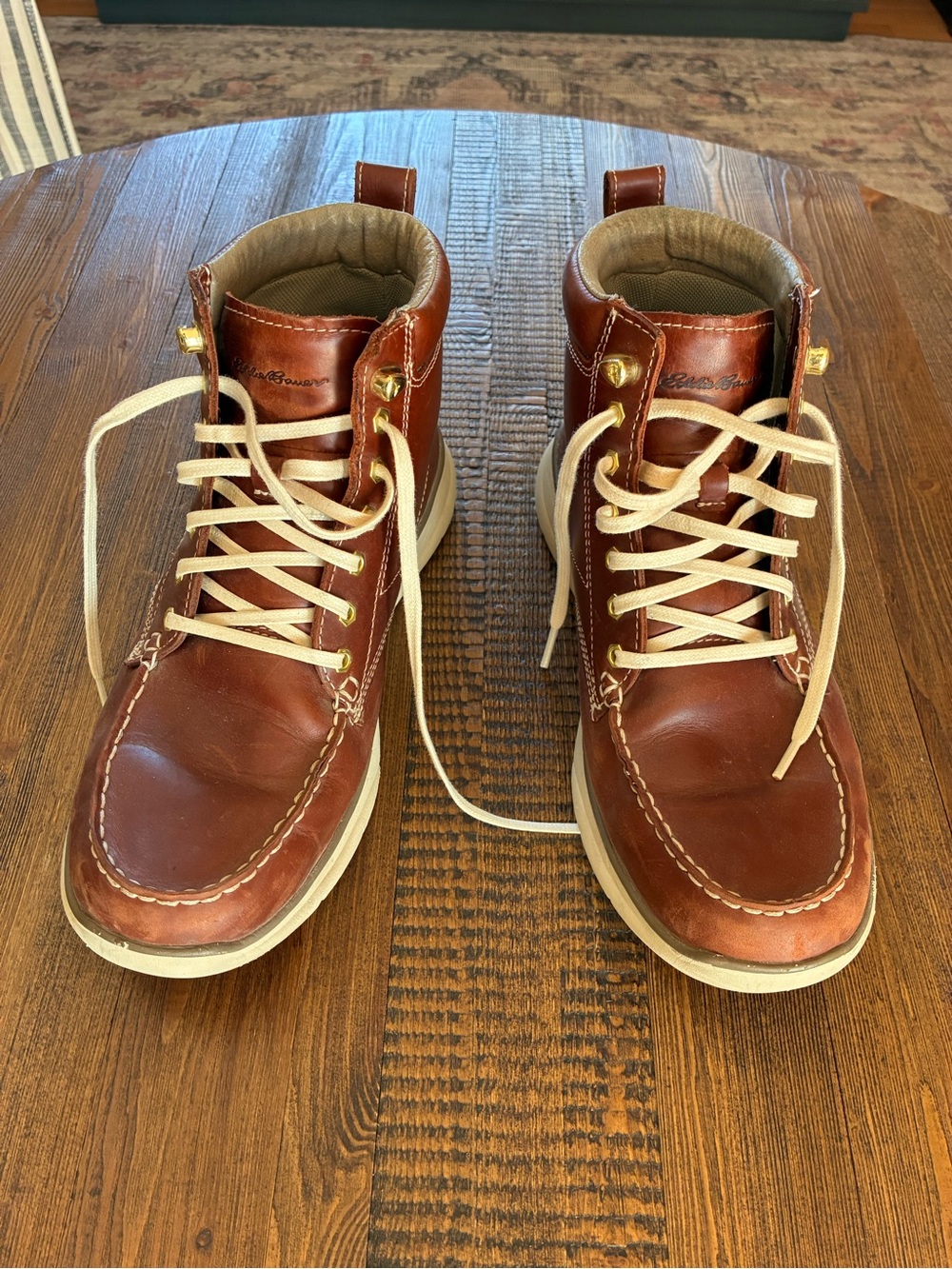 Eddie Bauer Brown Leather Moc Toe Boots with Cream Laces